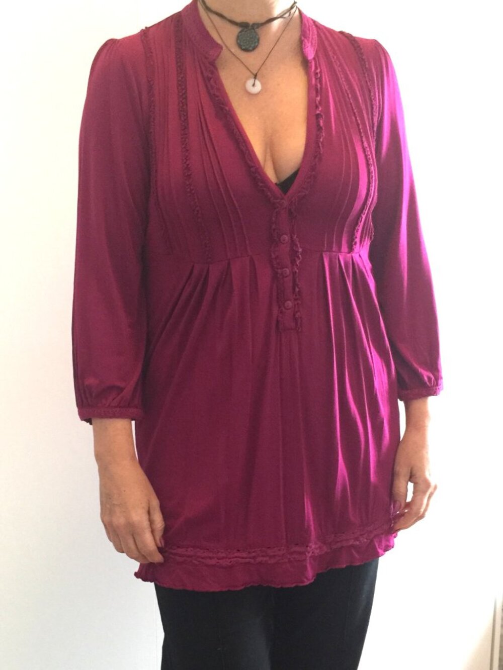 Raspberry 3/4 Sleeve Mini Dress or Tunic w Pleat Detail. Buffalo David Bitton